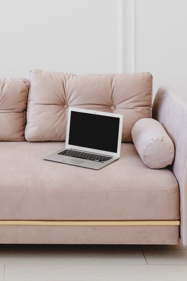 blush pink velvet couch with laptop